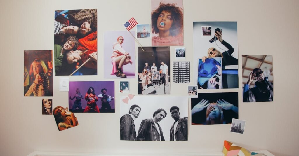 A creative wall display featuring diverse photos and artistic posters in a cozy room.
